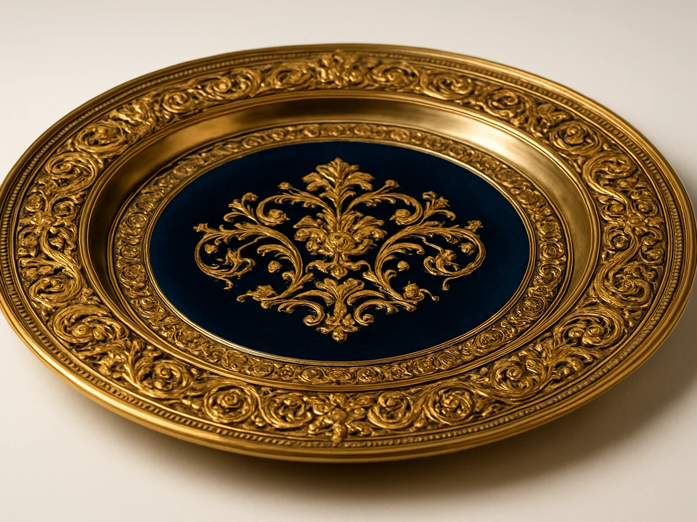 Close-up of a decorated ceremonial metal tray with intricate gold