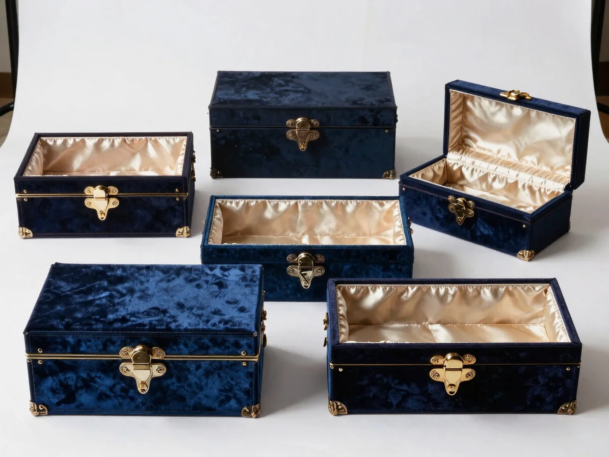 Structured studio flat-lay of handcrafted vanity boxes with ornat